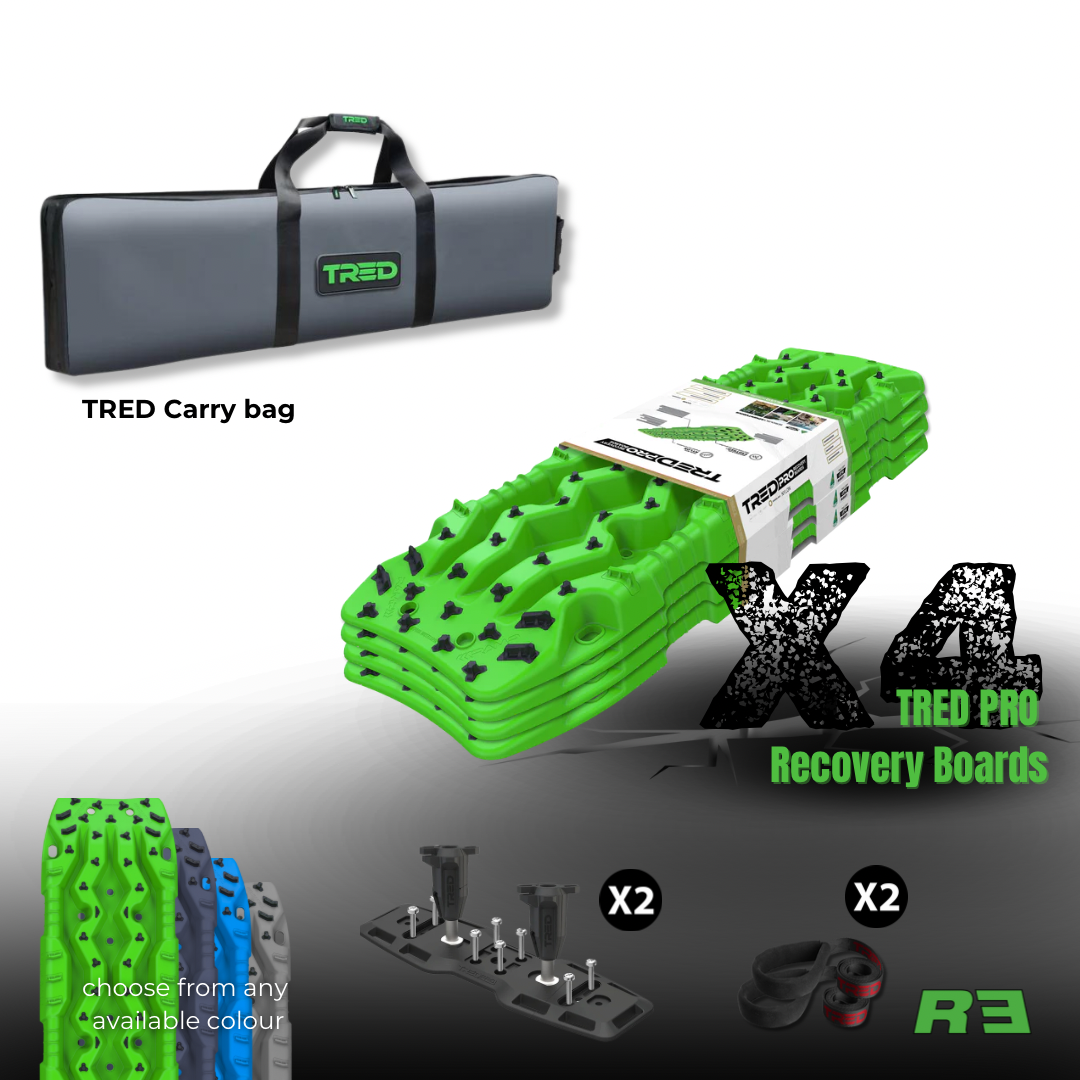 Tred Carry bag, 4x Tred Pro recovery boards, 2x Tred mounting kits, 2x Tred leashes. Choose from any available colour